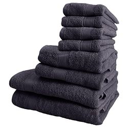 Set of 8 Bath Towels: 4 Courtesy Towels 30 x 50 cm; 2 Basin Towels 50 x 90 cm; 2 Shower Towels 70 x 140 cm 450 g/m2 100% Cotton Dark Grey