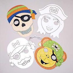 Baker Ross Kits de masques pirates à colorier (lot de 8) - Assortiment de masques pirates que les enfants pourront décorer et porter lors des fêtes ou pour se déguiser., Blanc, assorted