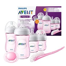 Philips Avent Natural Starterset voor Pasgeborenen - Eenvoudig te combineren met borstvoeding - Brede en borstvormige speen - Antikrampjes ventiel - 4 flessen - 1 Speen - 1 Borstel - SCD301/03