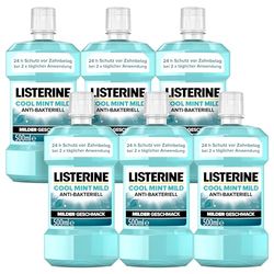 LISTERINE Cool Mint Mild Lot de 6 rince-dents antibactériens aux huiles essentielles et sans alcool Lutte efficacement contre les bactéries, complément parfait pour les soins dentaires quotidiens
