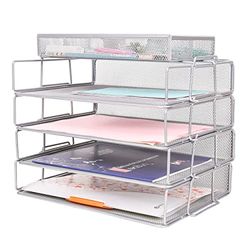 Exerz Stackable Paper Sorters 4pcs with an Accessory Organiser/ 4 Tiers Letter Trays with Extra Divider Memo Holder On Top - Metal Desk Organiser Office, School, Home