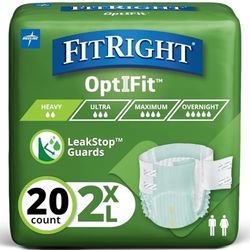 FitRight OptiFit Extra+ Adult Diapers with leak stop guards, Disposable Incontinence Briefs with Taps, Moderate Absorbency, XX-Large, 60"-70", 20 Count