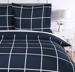 Amazon Basics 2 peças cama de microfibra capa nórdica, capa de edredão de 135 x 200 cm e 1 fronha de 80 x 80 cm, azul-marinho, xadrez