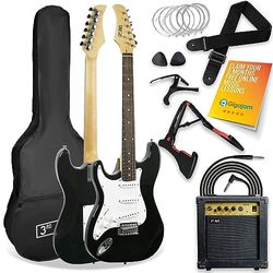 3rd Avenue I Full Storlek 4/4 Vänsterhandad Elektrisk Gitarrpaket I Svart, 1 Månad Gratis Ultimate Guitar Pro and Courses, 10W Amp, Kabel, Stativ, Spelväska, Rem, Strängar, Plockar, Capo