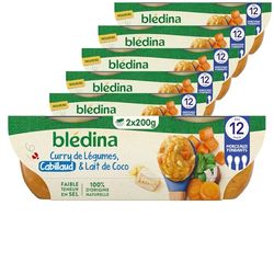 BLÉDINA - Bols - Repas Midi Bébé - Curry de Légumes, Cabillaud et lait de Coco - dès 12 Mois - sans Sel Ajouté - 12 x 200 g