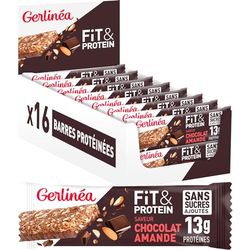 Gerlinéa Fit&Protein - Barres Protéinées saveur Chocolat Amandes - Sans Sucres Ajoutés - 13 gr protéines par barre de 45g - Protéines Après le Sport - 16 barres