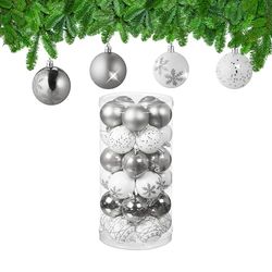 Relaxdays Christmas Baubles Set of 30, Plastic, D: 6 cm, Round, Shatterproof, Tree Decorations, Patterns, Silver/White, 7 x 6 x 6 cm