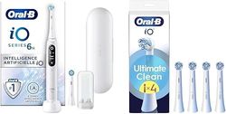 Oral-B Pack Brosse A Dents Electrique iO6 et Brossettes Ultimate Clean, ORIGINALES, Lot De Manche Oral B Blanc avec 2 Embouts Ronds Et 5 Modes De Nettoyage, 4 Têtes Blanches, Brossage En Profondeur