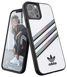 adidas Skal utvecklat för iPhone 12-fodral, iPhone 12 Pro-fodral, 6,1 tum, falltestat skal, stöttåliga upphöjda kanter, original PU-skyddsfodral, holografiskt vitt