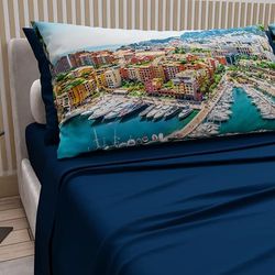 PETTI ARTIGIANI ITALIANI - Cotton Sheet Set for Double Maxi Bed with Pillowcases and Fitted Sheet 180 x 200 cm, Monaco Blue Night Design, 100% Made in Italy