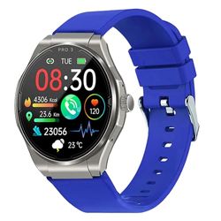 Knauermann PRO 3 (2024) zilver - gezondheidshorloge smartwatch met telefoonfunctie - ECG + HRV en SOS-functie - AMOLED-display, BT Bluetooth - slaapapneu - siliconen band blauw, 14-24, rond, blauw,