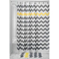 InterDesign Chevron Douchegordijn, textiel, onderhoudsvriendelijk douchegordijn van stof met versterkte gaten, badgordijn met zigzagpatroon, polyester grijs/geel