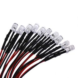 10 LED da 5 mm, 12 Volt, luce bianca fredda (6000 K); con cavo di collegamento da 20 cm e preresistenza integrata.