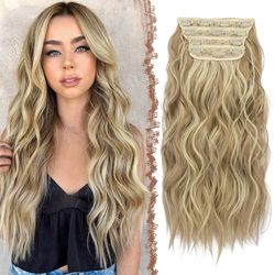 FESHFEN Extension de Cheveux à Clips, 4 PCS Longue Ondulées Bouclées Synthétique Naturel Postiche Cheveux Extensions de Cheveux pour Femme 50 cm Blond Cendré Foncé et Blond Blanchi
