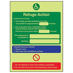 V Safety Glow In The Dark Refuge Action/Point Located On Fire Notice Sign - 150mm x 200mm - Rigid Plastic