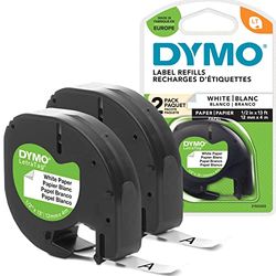 DYMO LetraTag Ruban Papier Authentique | 1,2 cm x 4 m | Noir sur Blanc | Pour étiqueteuse DYMO LetraTag | 2 étiquettes