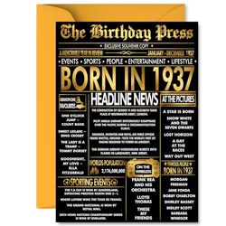 Gold 88th Birthday Card for Men Women - Black & Golden Newspaper Born in 1937 - Happy 88 Birthday Cards for Grandma Grandad Uncle Nanny Dad Wife, A5 Bday Greeting Cards