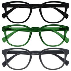 OPULIZE Pop Gafas de Lectura Pack de 3 Redondas Negro, Verde Musgo y Gris Mate Satinado Bisagras con Muelle Resistentes a los Arañazos Hombre Mujer RRR2-167 +1.00