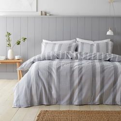 Bianca Brushed Cotton Ticking Stripe Reversible Double Duvet Cover Set with Pillowcases Grey