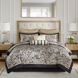 Madison Park Parure de lit Douillette en Imitation Soie Jacquard Motif Cachemire, Polyester, Noir, 12 pièces, lit Double