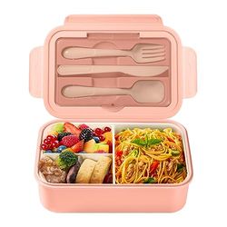 Diboniur Fiambrera con 3 Compartimentos y Cubiertos Infantil Adulto, 1400ml Lunch Box Fiambrera Hermetica Comida Trabajo Escuela Picnic Microondas (Rosa)
