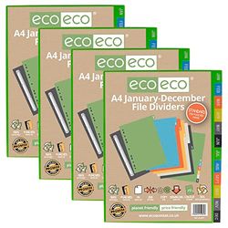 eco-eco A4 50% Recycled Multipunched Reinforced Colour January - December Subject Index File Dividers 200mic (Pack of 4), eco081x4