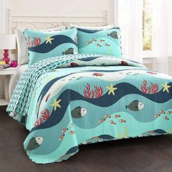Lush Decor Sealife Fish Ocean Wave Conjunto de cama reversível de 2 peças, cor azul, algodão, Twin