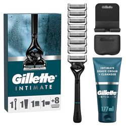 Gillette Intimate Men’s Pubic Razor Set, 8 Razor Blade Refills + 2in1 Shave Cream & Cleanser, Easy to Use, Formulated for Pubic Hair, Includes Shower Hook and Travel Cover