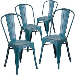 Flash Furniture Cadeira de metal envelhecida, Kelly Blue-Teal, conjunto de 4