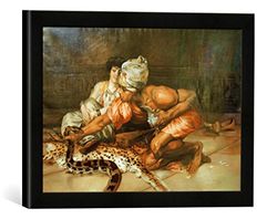 Ingelijste foto van Eugène Pawy "slangencompteur en Haremsdame", kunstdruk in hoogwaardige handgemaakte fotolijst, 40x30 cm, zwart mat