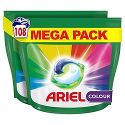 Ariel All-in-One Dertegente Lavadora Liquido en Capsulas/Pastillas, 108 Lavados (2x54), Jabon Limpieza Profunda, Mas Color, Cuidado Extra del Color y el Brillo
