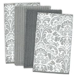 DII Lot de 4 Serviettes de Nettoyage Multi-usages en Microfibre, parfaites pour la Cuisine, la Vaisselle, la Voiture, dépoussiérage et séchage – 40,6 x 48,3 cm – Damas Gris
