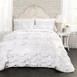 Lush Decor Kemmy Quilt Conjunto de roupa de cama de 3 peças com textura com babados, tamanho de casal, poliéster, branco, full/queen