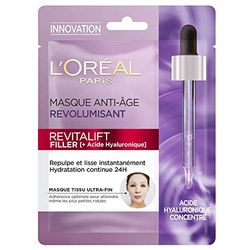 L'Oréal Paris - Masque Tissu Visage au Sérum Anti-Rides Revolumisant - Hydratation 24H - Anti-Age & Repulpant - À l'Acide Hyaluronique Pur - Coton Japonais Ultra-Fin - Revitalift Filler -28 g
