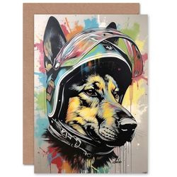 Fun Alsatian Dog Crash Helmet for Husband Him Dad Son Brother Birthday Thank You Congratulations Blank Art Greeting Card