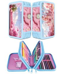 gimboo Schoolmapje met accessoires/pennenetui met grote capaciteit, met 3 vakken, pennenetui, pennenetui, motief - schattig roze motief, voor kinderen, jongens en meisjes, Meerkleurig, 19 x 11,5 x 6