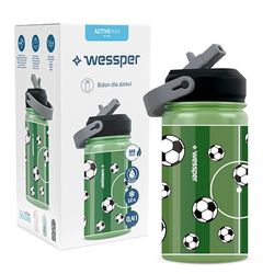 Wessper Bouteille Eau Enfant, Gourde Isotherme Enfants 410ml, Embout Confortable avec Paille, Sans Bisphénol BPA FREE, Léger et Facile à Utiliser, Football Motif