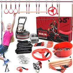 Fofana Ninja Warrior Obstacle Course for Kids Outside 19.8 Meters- Ninja Slider Included - Largest 11 Ninja Course Obstacles - Climbing Ladder, Spinning Wheel, Gym Ring