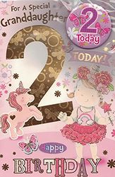 Express Yourself Birthday Card for Granddaughter Age 2 - Envelope and Badge Included - Animated Little Girl and Unicorn Design