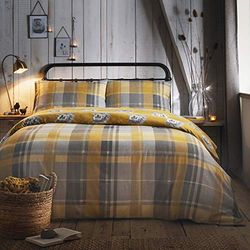 Drömmar och draperier – ockra rutig igelkott påslakan – King sängkläder storlek (230 x 220 cm) – mjuk 100% borstad bomull – vändbar design – ockra gul flanell skogssängkläder med igelkottar