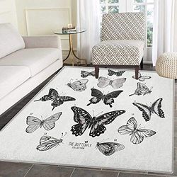 Butterfly Area Rug Carpet Large Collection of Hand Drawn Butterflies Modern Realistic Artwork Living Dining Room Bedroom Hallway Office Carpet 5'x6' Black Grey and White