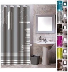 MSV Anti-schimmel textiel douchegordijn - antibacterieel met 12 douchegordijnringen - polyester, "Graphics" grijs, 180 x 200 cm