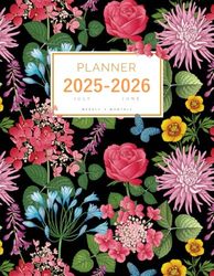 Planner July 2025-2026 June: 8.5 x 11 Weekly and Monthly Organizer | Vintage Botanical Garden Design Black