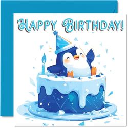 Penguin Birthday Cards - Animal Cake - Happy Birthday Card for Son Daughter Brother Sister Grandson Granddaughter Niece Nephew Cousin, 145mm x 145mm Bday Greeting Cards