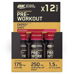 Optimum Nutrition Gold Standard Shots énergétiques Pre Workout, complément prêt à boire avec Bêta Alanine, Caféine, PerforMelon et Vitamines B6 et B12, Goût Mélange de baies, Pack de 12 (12 x 60 ml)