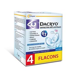 DACRYO - Solution d'entretien des lentilles 6 en 1 - Nettoie, désinfecte, déproténise, rince, lubrifie, conserve - Lentilles de contact - Acide Hyaluronique-Etui inclus-Flacon-Lot de 4 flaconsx360 ml