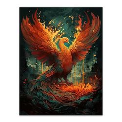 Artery8 Majestic Phoenix Bird Concept Painting Blue Orange Red Mythical Creature Rising from the Ashes Spreading Fire Wings Vibrant Portrait Large Wall Art Poster Print Thick Paper 18X24 Inch
