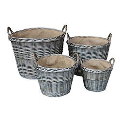 Red Hamper Set of 4 Antique Wash Finish Wicker Lined Log Baskets, Height 39cm x Width 51cm x Depth 51cm