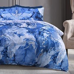 Sleepdown Metallic Marble Sparkle Glitz Blue Silver Reversible Soft Easy Care Duvet Cover Quilt Bedding Set with Pillowcases - Double (200cm x 200cm)