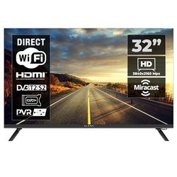 Kiano 32 tums Smart TV Elegance – HD Ready 1366 × 768, ramlös DLED-skärm, Netflix YouTube Prime, trippeltuner DVB-T2/S2/C, USB-inspelning, Bluetooth, 3 × HDMI 2 × USB, svart